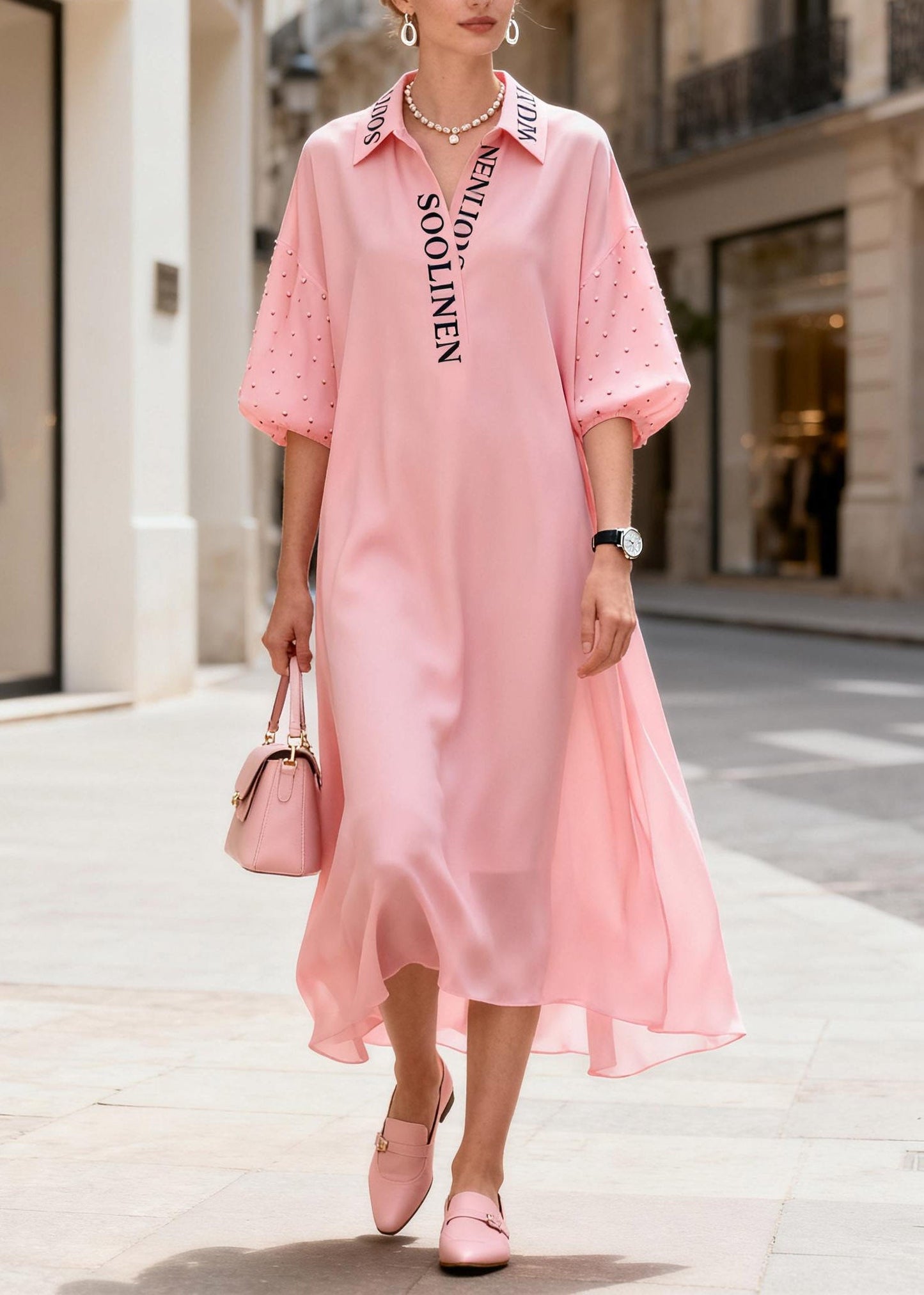 Art Pink Peter Pan Collar Party Chiffon Maxi Dress Summer