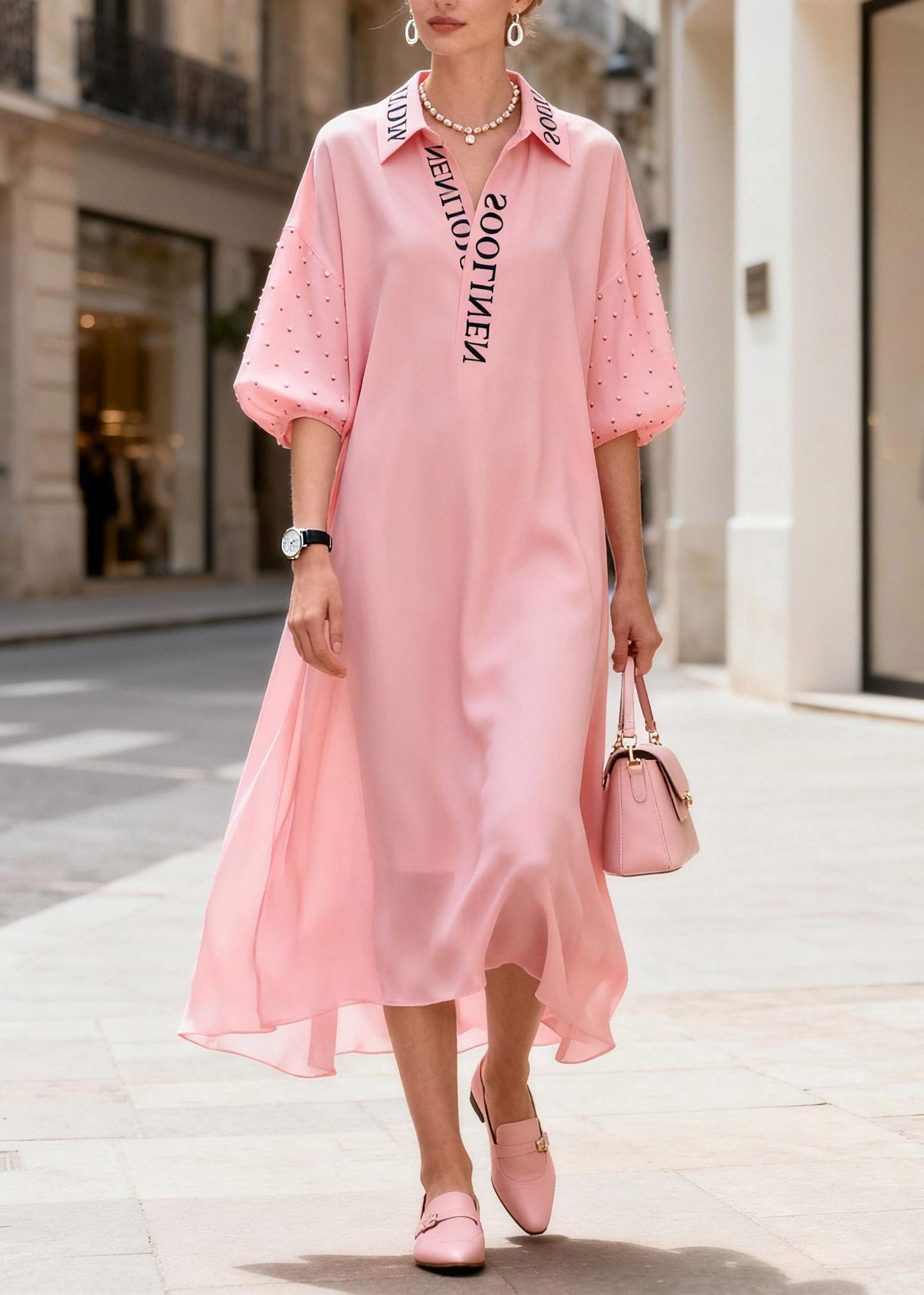 Art Pink Peter Pan Collar Party Chiffon Maxi Dress Summer