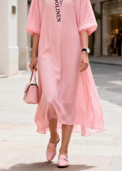 Art Pink Peter Pan Collar Party Chiffon Maxi Dress Summer