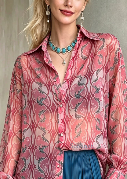Art Pink Peter Pan Collar Print Chiffon Shirt Top Long Sleeve