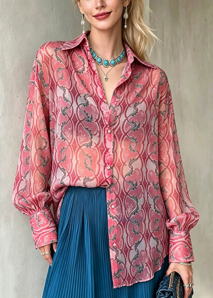 Art Pink Peter Pan Collar Print Chiffon Shirt Top Long Sleeve