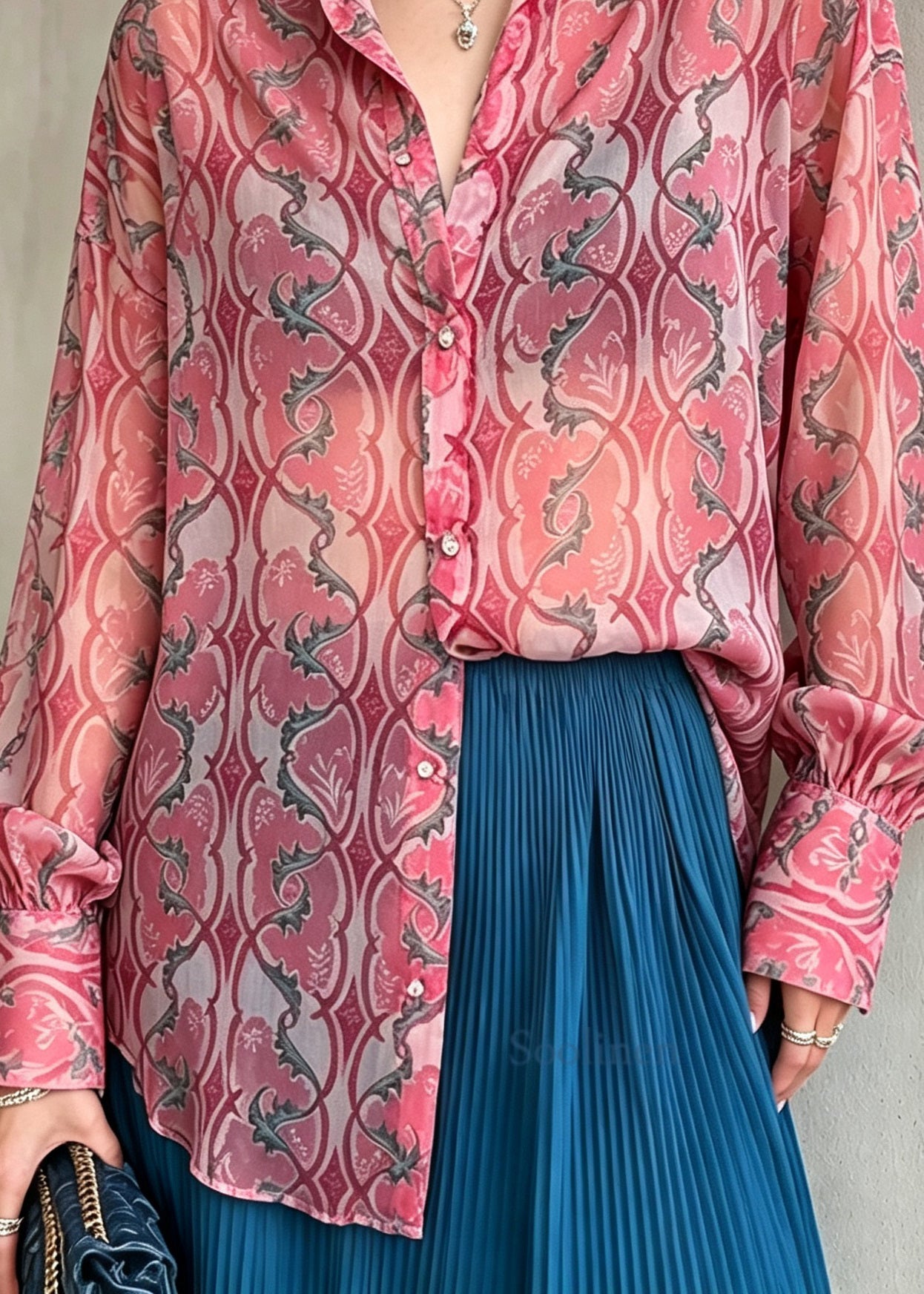 Art Pink Peter Pan Collar Print Chiffon Shirt Top Long Sleeve