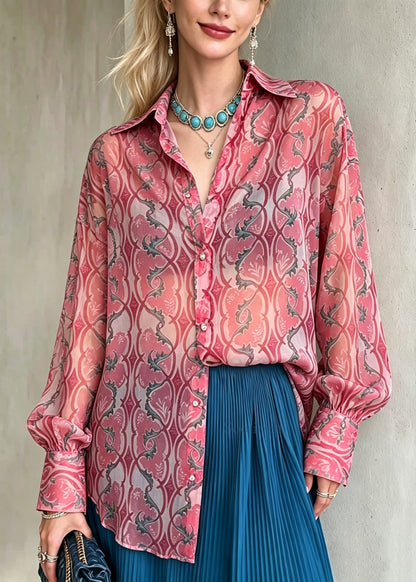 Art Pink Peter Pan Collar Print Chiffon Shirt Top Long Sleeve