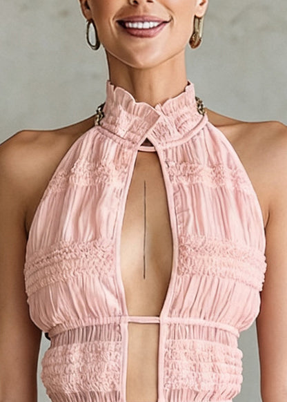 Art Pink Ruffled Hollow Out Lace Up Cotton Tank Sleeveless