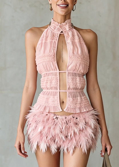 Art Pink Ruffled Hollow Out Lace Up Cotton Tank Sleeveless