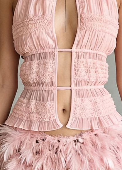 Art Pink Ruffled Hollow Out Lace Up Cotton Tank Sleeveless