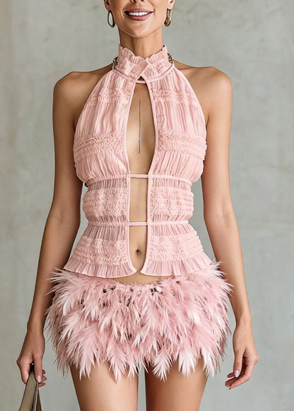 Art Pink Ruffled Hollow Out Lace Up Cotton Tank Sleeveless