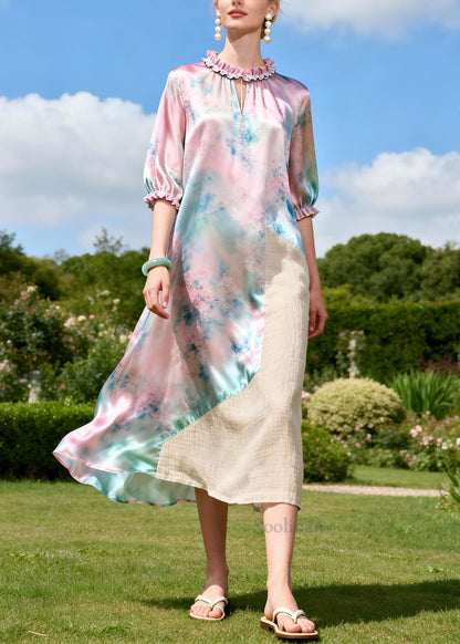 Art Pink Ruffled Patchwork Linen Silk Vacation Dresses Summer