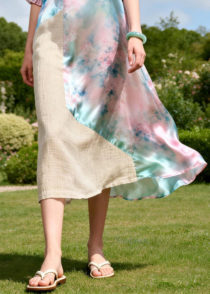 Art Pink Ruffled Patchwork Linen Silk Vacation Dresses Summer
