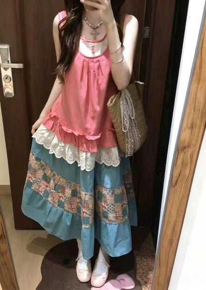 Art Pink Ruffled Patchwork Two Piece Set Women Clothing Sleeveless