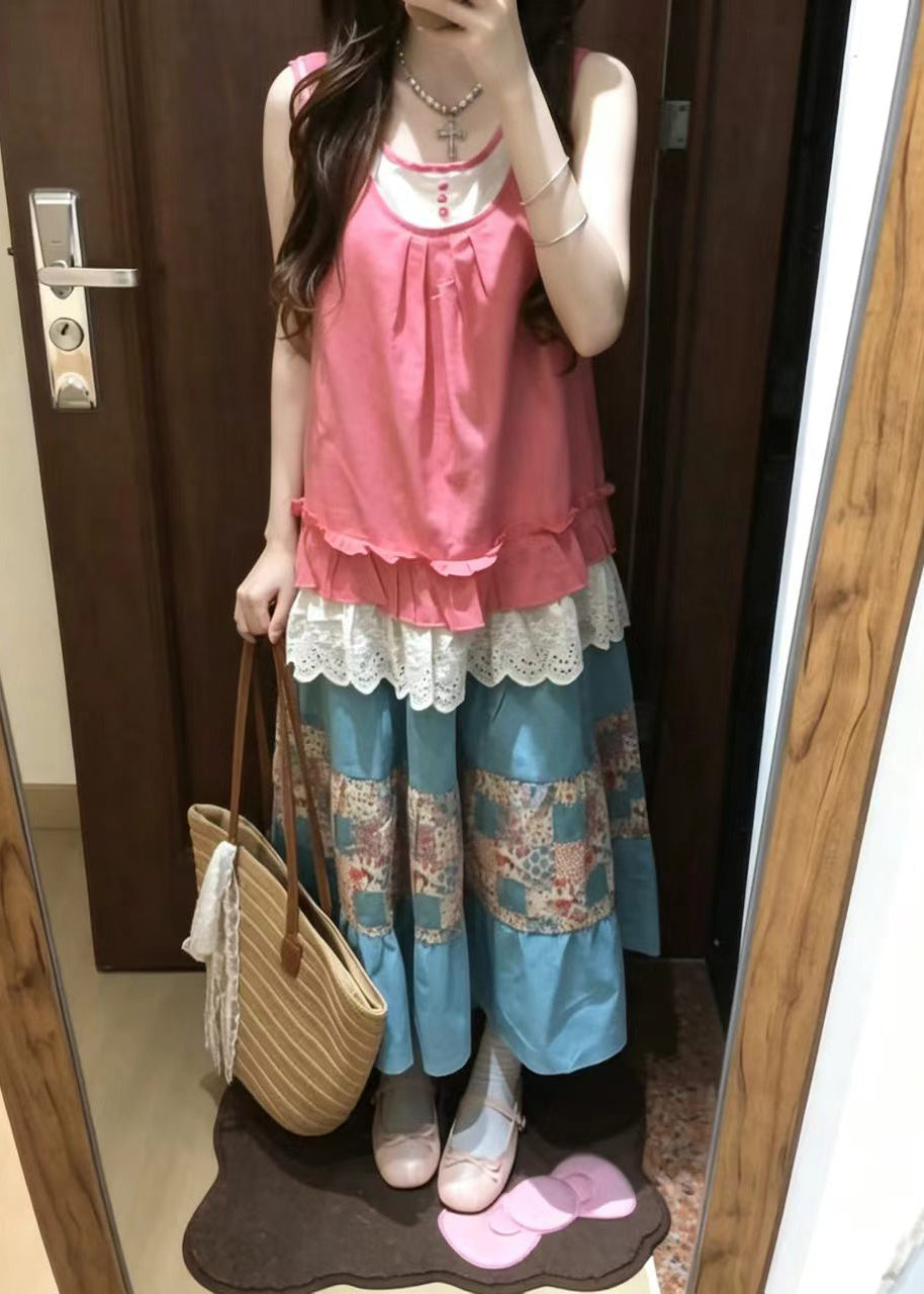 Art Pink Ruffled Patchwork Two Piece Set Women Clothing Sleeveless