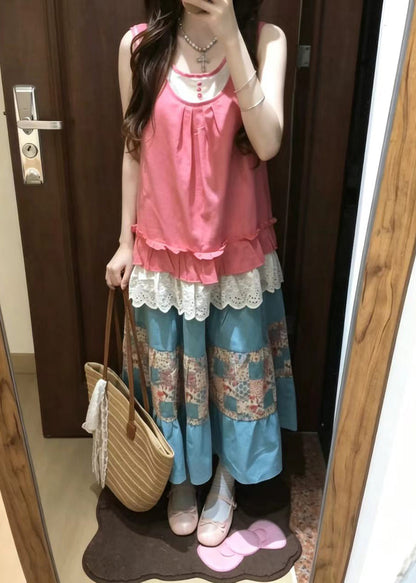 Art Pink Ruffled Patchwork Two Piece Set Women Clothing Sleeveless