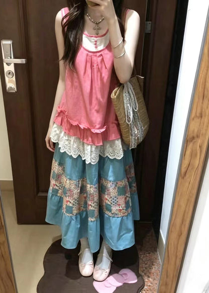 Art Pink Ruffled Patchwork Two Piece Set Women Clothing Sleeveless