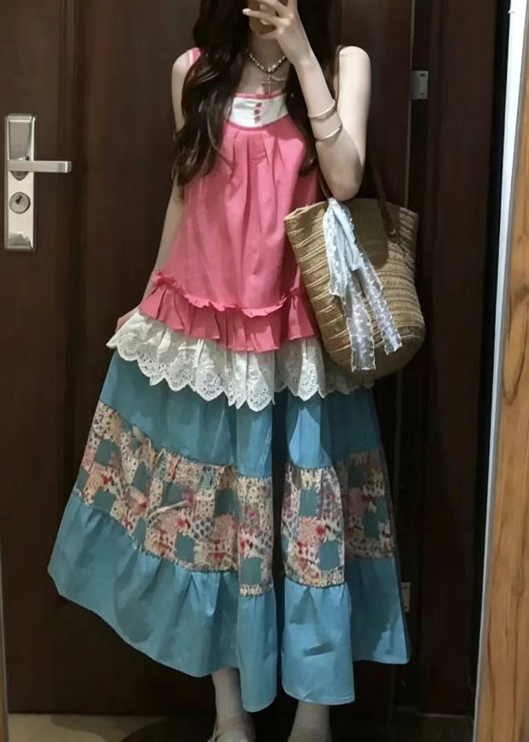 Art Pink Ruffled Patchwork Two Piece Set Women Clothing Sleeveless