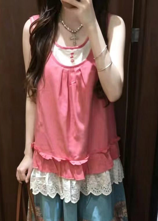 Art Pink Ruffled Patchwork Two Piece Set Women Clothing Sleeveless