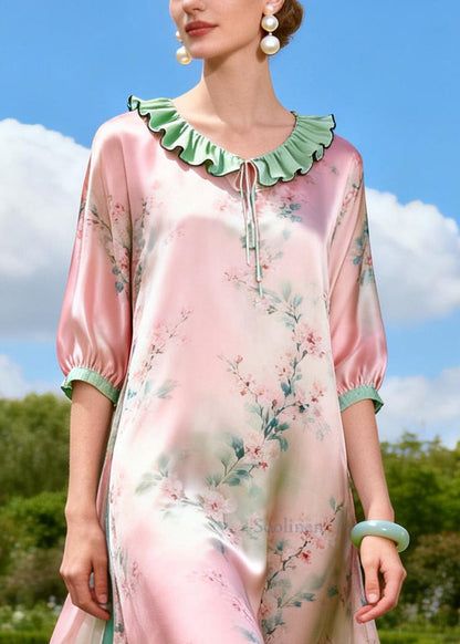 Art Pink Ruffled Print Side Open Silk Long Dress Summer