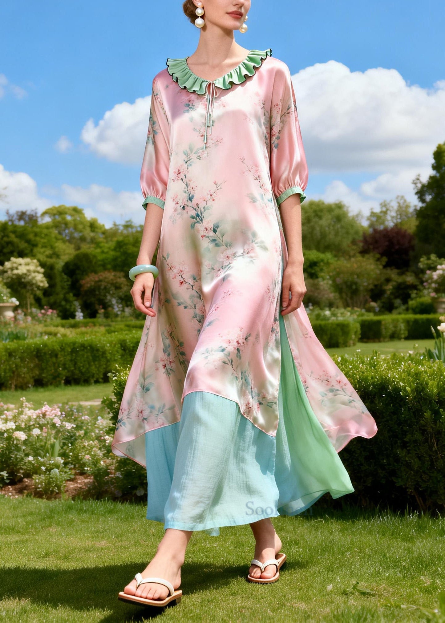 Art Pink Ruffled Print Side Open Silk Long Dress Summer