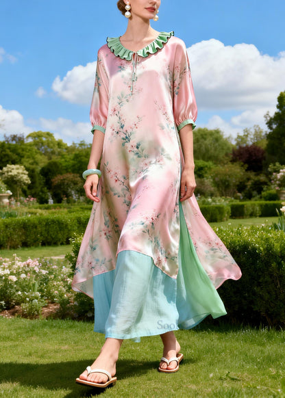 Art Pink Ruffled Print Side Open Silk Long Dress Summer