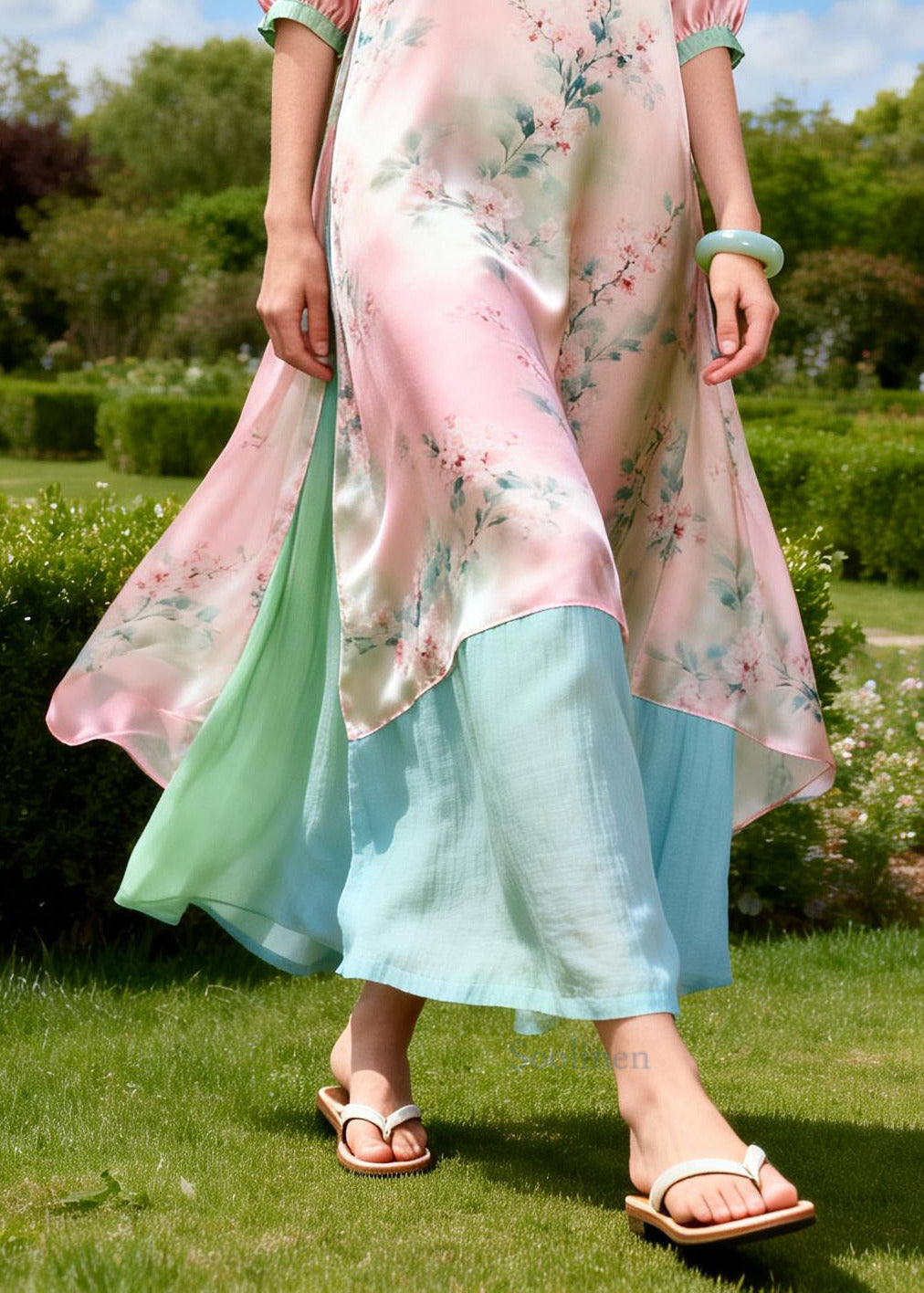 Art Pink Ruffled Print Side Open Silk Long Dress Summer