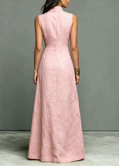 Art Pink Stand Collar Single Breasted Cotton Long Dress Sleeveless
