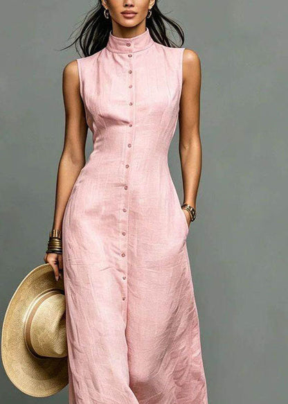 Art Pink Stand Collar Single Breasted Cotton Long Dress Sleeveless