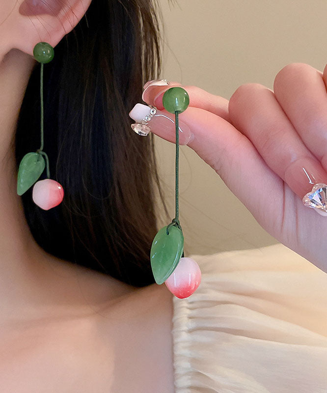 Pendientes colgantes con borlas de jade, miel y melocotón en plata de ley rosa Art