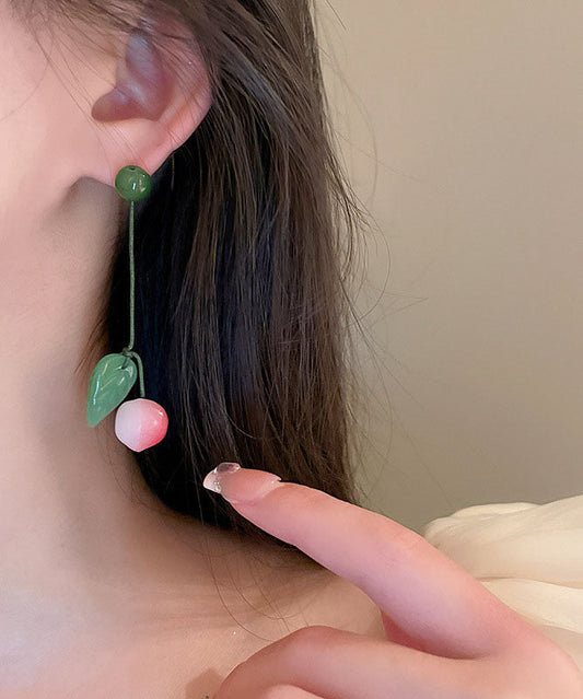 Pendientes colgantes con borlas de jade, miel y melocotón en plata de ley rosa Art