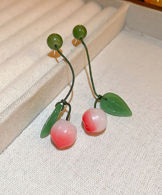 Pendientes colgantes con borlas de jade, miel y melocotón en plata de ley rosa Art