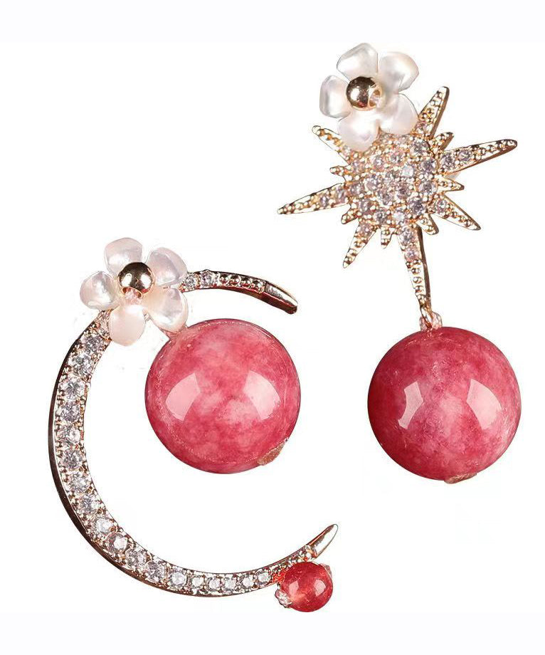 Pendientes colgantes con diseño floral de concha y gemas de circonita en plata de ley rosa