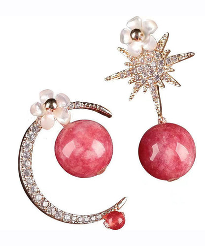 Pendientes colgantes con diseño floral de concha y gemas de circonita en plata de ley rosa