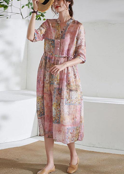 Art Pink Tie Waist Button Print Summer Ramie Vacation Dresses Half Sleeve - SooLinen