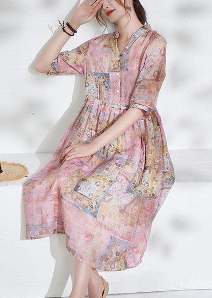 Art Pink Tie Waist Button Print Summer Ramie Vacation Dresses Half Sleeve - SooLinen