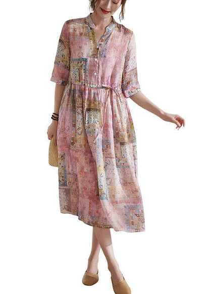 Art Pink Tie Waist Button Print Summer Ramie Vacation Dresses Half Sleeve - SooLinen