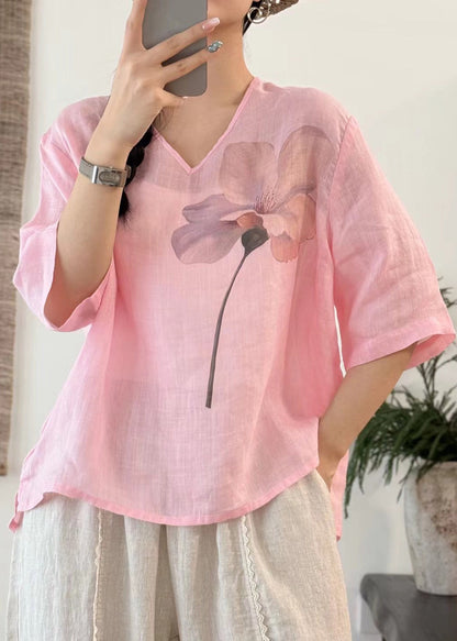 Art Pink V Neck Print Side Open Linen T Shirt Half Sleeve