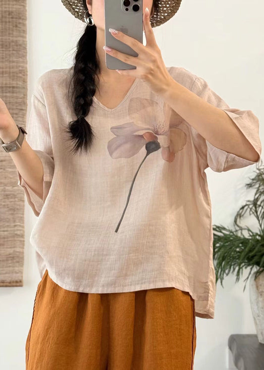 Art Pink V Neck Print Side Open Linen T Shirt Half Sleeve