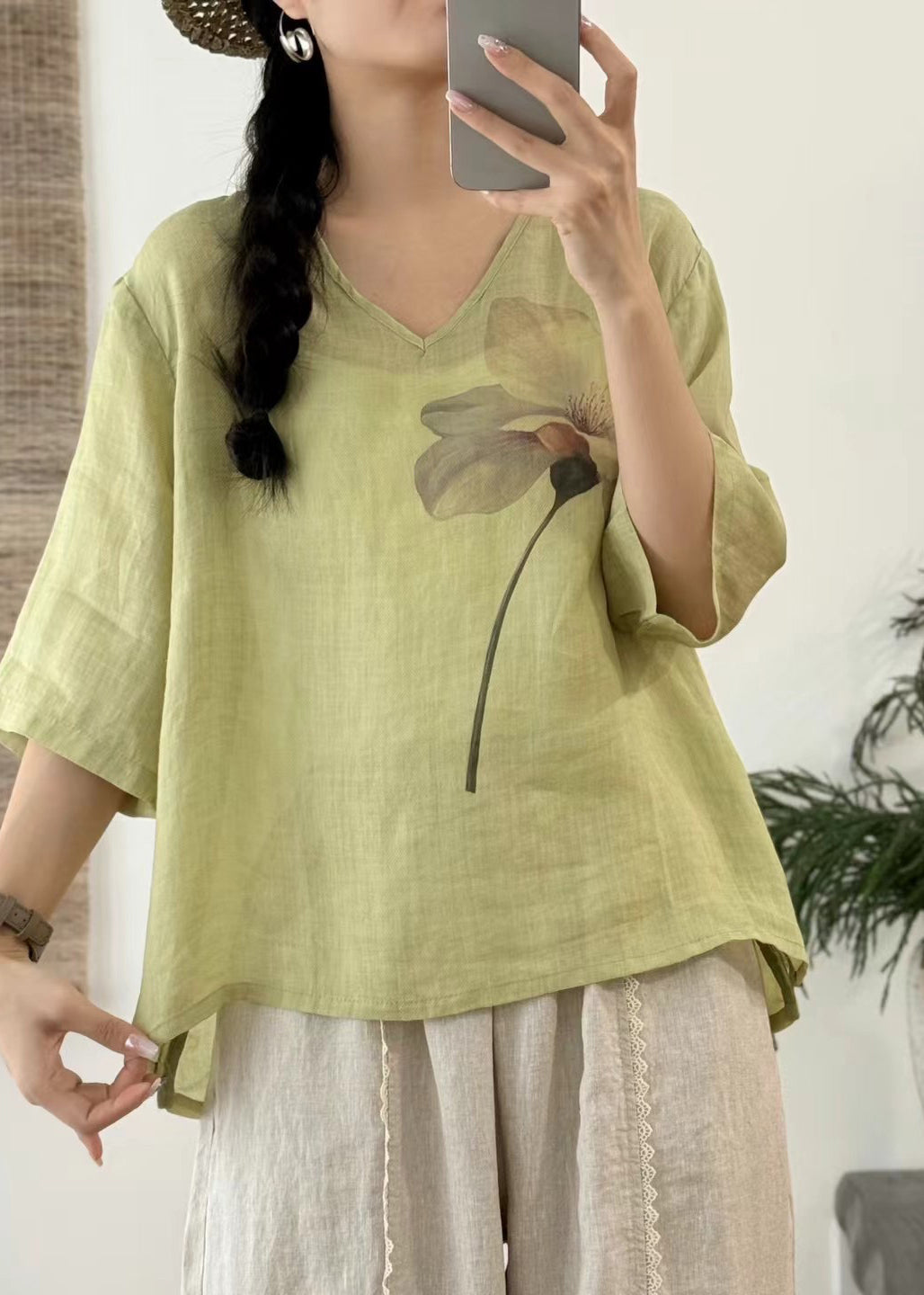 Art Pink V Neck Print Side Open Linen T Shirt Half Sleeve