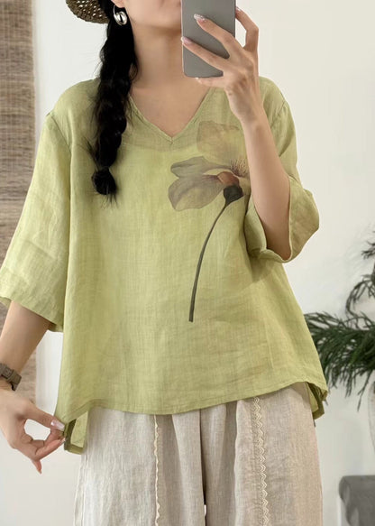 Art Pink V Neck Print Side Open Linen T Shirt Half Sleeve