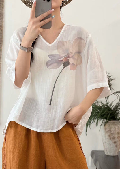 Art Pink V Neck Print Side Open Linen T Shirt Half Sleeve