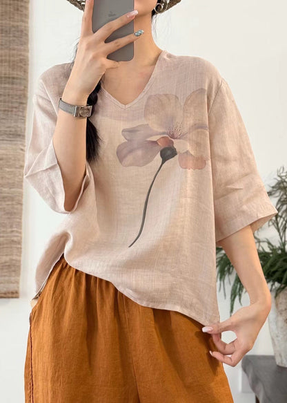 Art Pink V Neck Print Side Open Linen T Shirt Half Sleeve