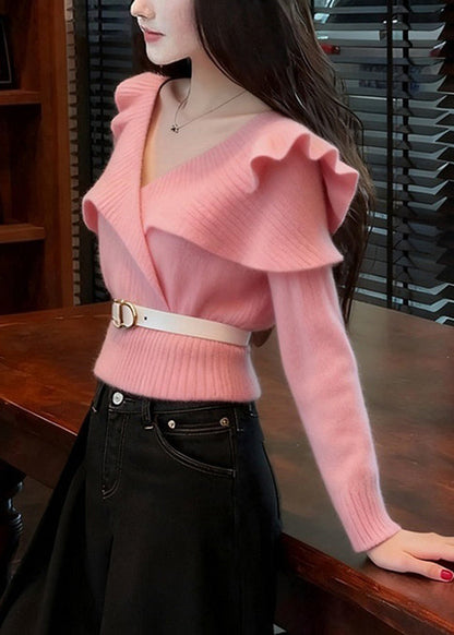 Suéter de punto liso con volantes y cuello en V de color rosa Art Primavera