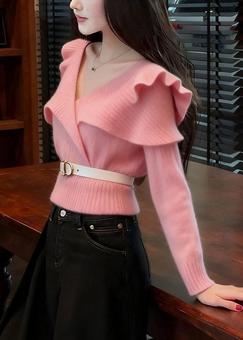 Suéter de punto liso con volantes y cuello en V de color rosa Art Primavera