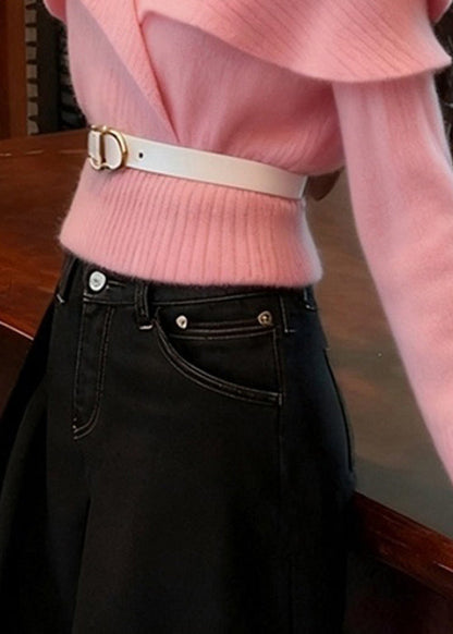 Suéter de punto liso con volantes y cuello en V de color rosa Art Primavera