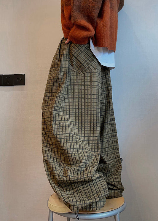 Art Plaid Pockets Drawstring Cotton Men Wide Leg Pants Fall