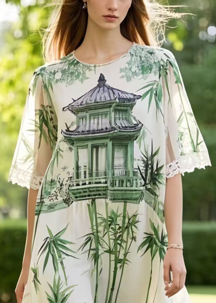 Art Print Oversized Patchwork Lace Chiffon Dress Summer
