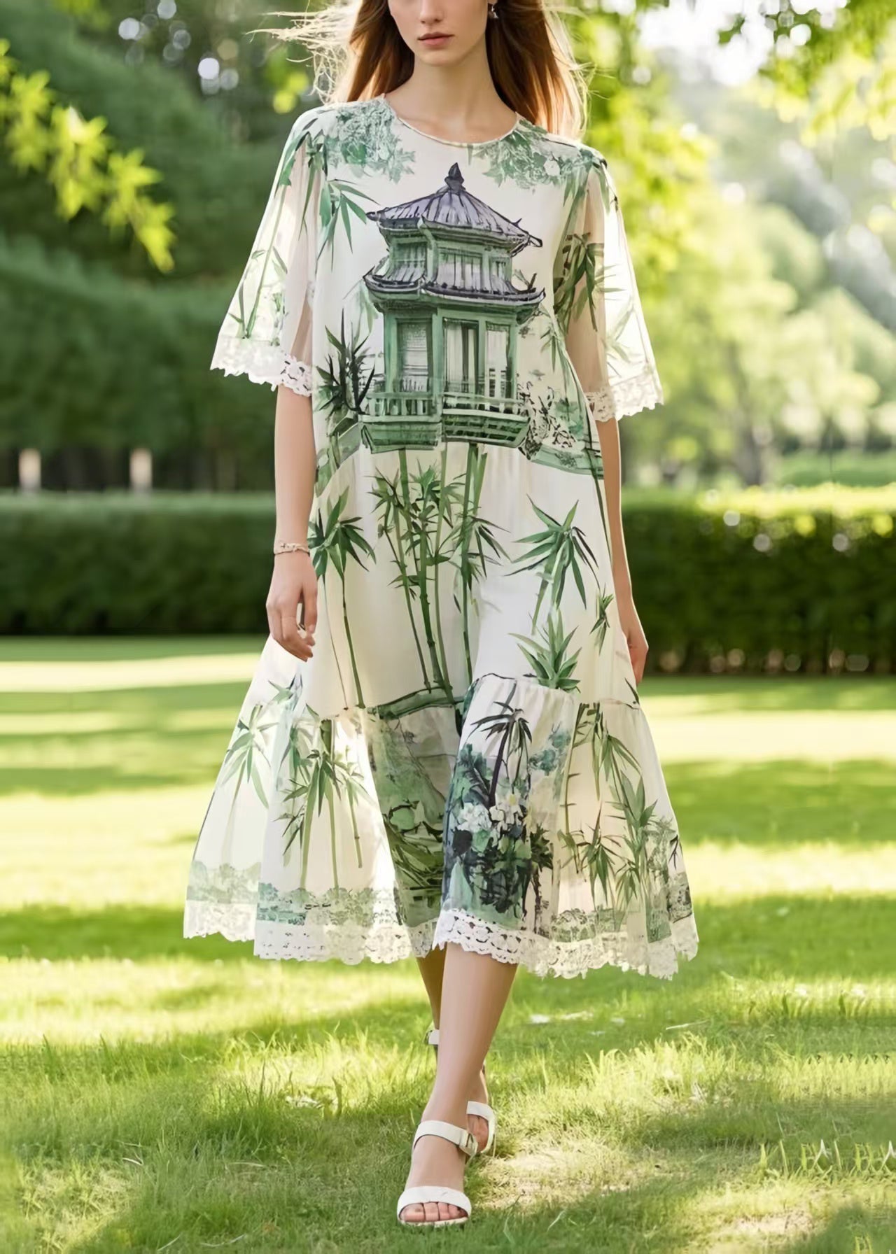 Art Print Oversized Patchwork Lace Chiffon Dress Summer