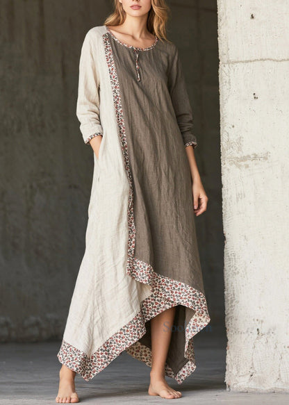 Maxikleider aus Baumwolle mit Patchwork-Print, asymmetrisch, Frühlingsstil