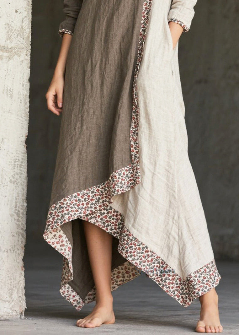 Maxikleider aus Baumwolle mit Patchwork-Print, asymmetrisch, Frühlingsstil