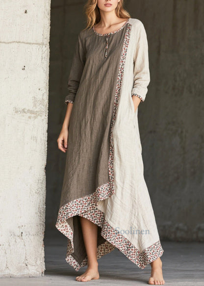 Maxikleider aus Baumwolle mit Patchwork-Print, asymmetrisch, Frühlingsstil