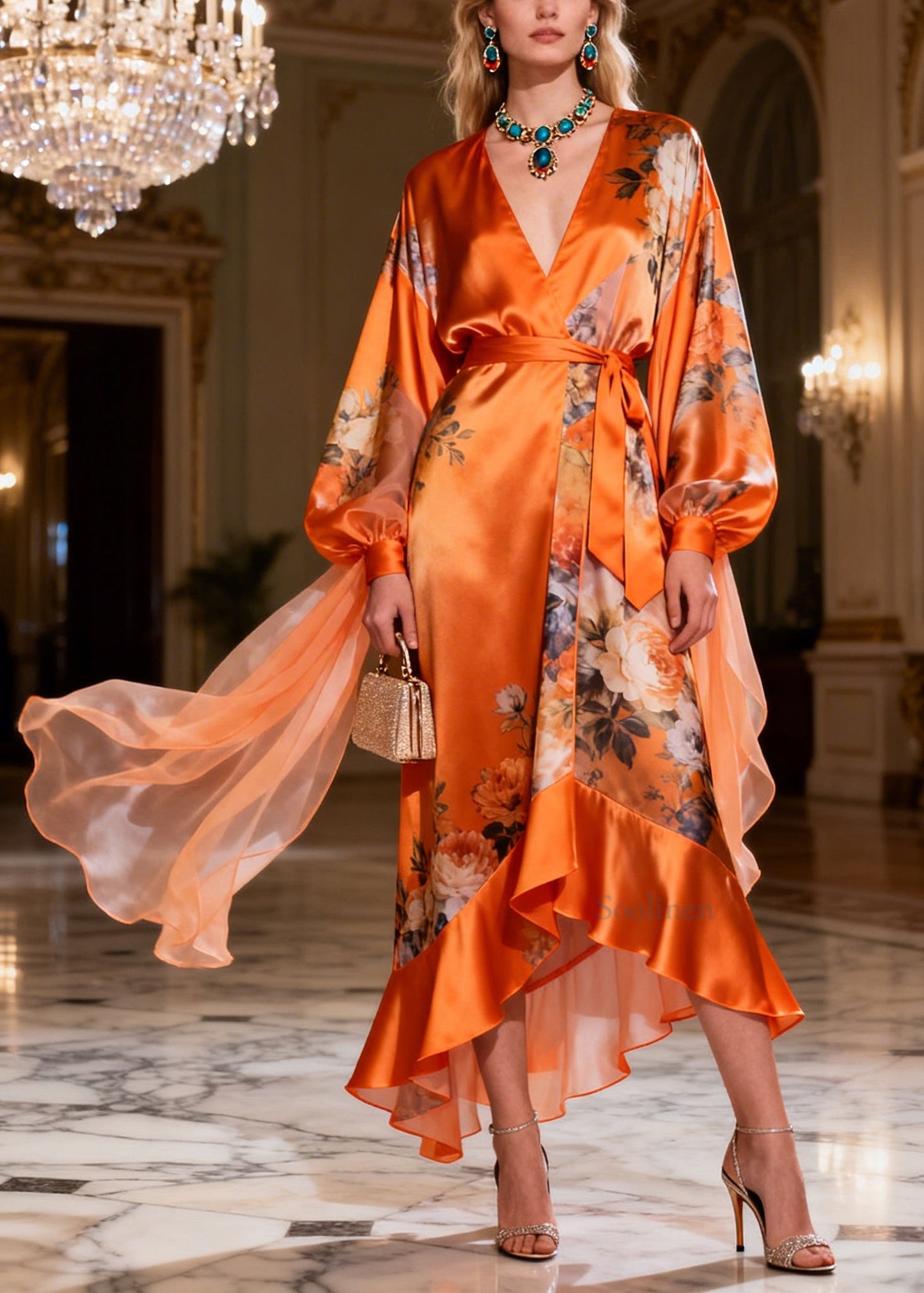 Art Print Ruffled Tie Waist Patchwork Silk Maxi Dresses Long Sleeve