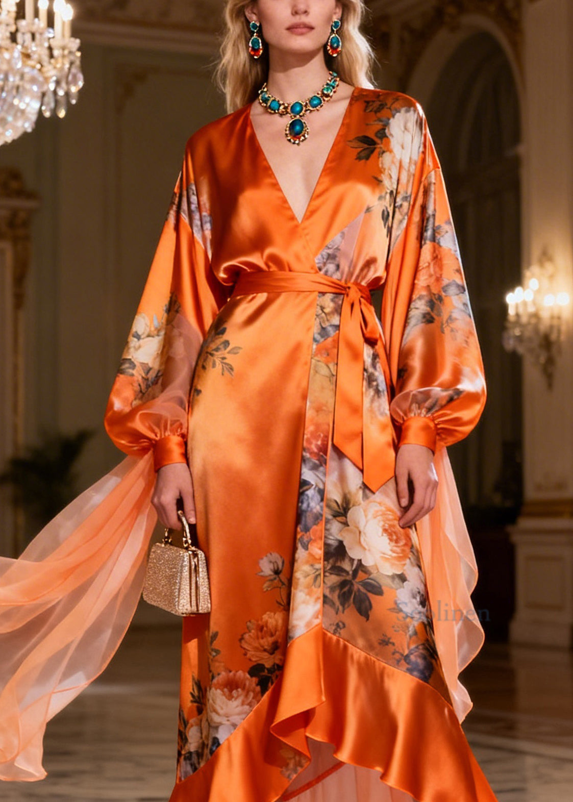 Art Print Ruffled Tie Waist Patchwork Silk Maxi Dresses Long Sleeve